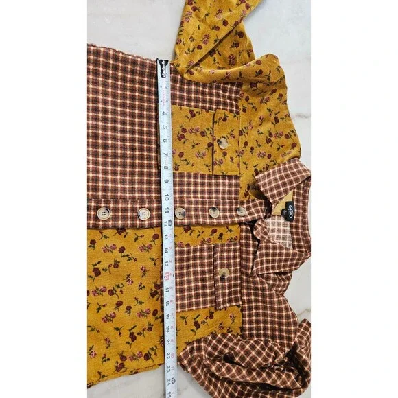 GiGio Shirt Women's Yellow Brown Patchwork Floral Plaid Top, Large - Picture 9 of 10